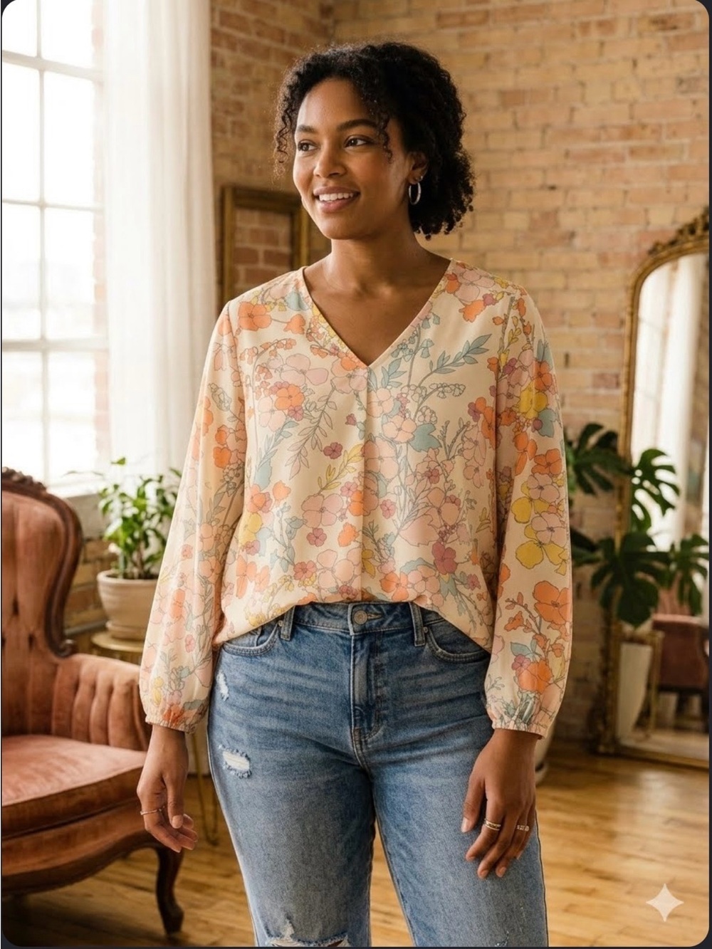 Anthropologie Pleione Pastel Floral Blouse V-Neck Boho Top Size L